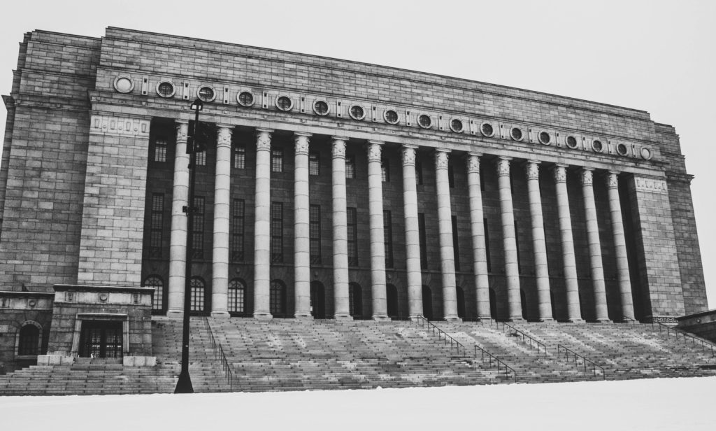 Black and white photo of a government building