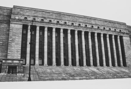 Black and white photo of a government building