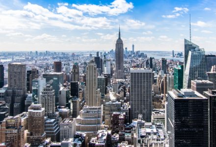 Photo of the New York city skyline on a sunny day